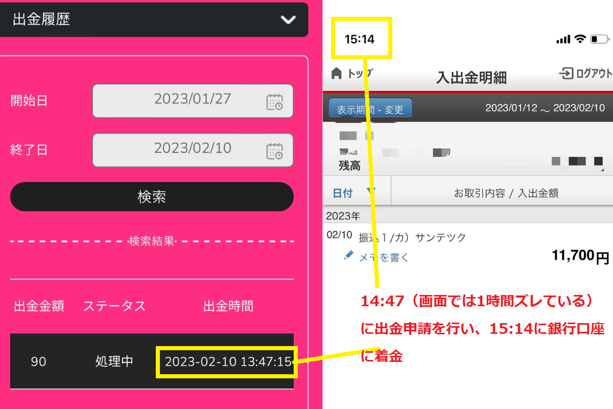 ミラクルカジノ 銀行出金 着金時間